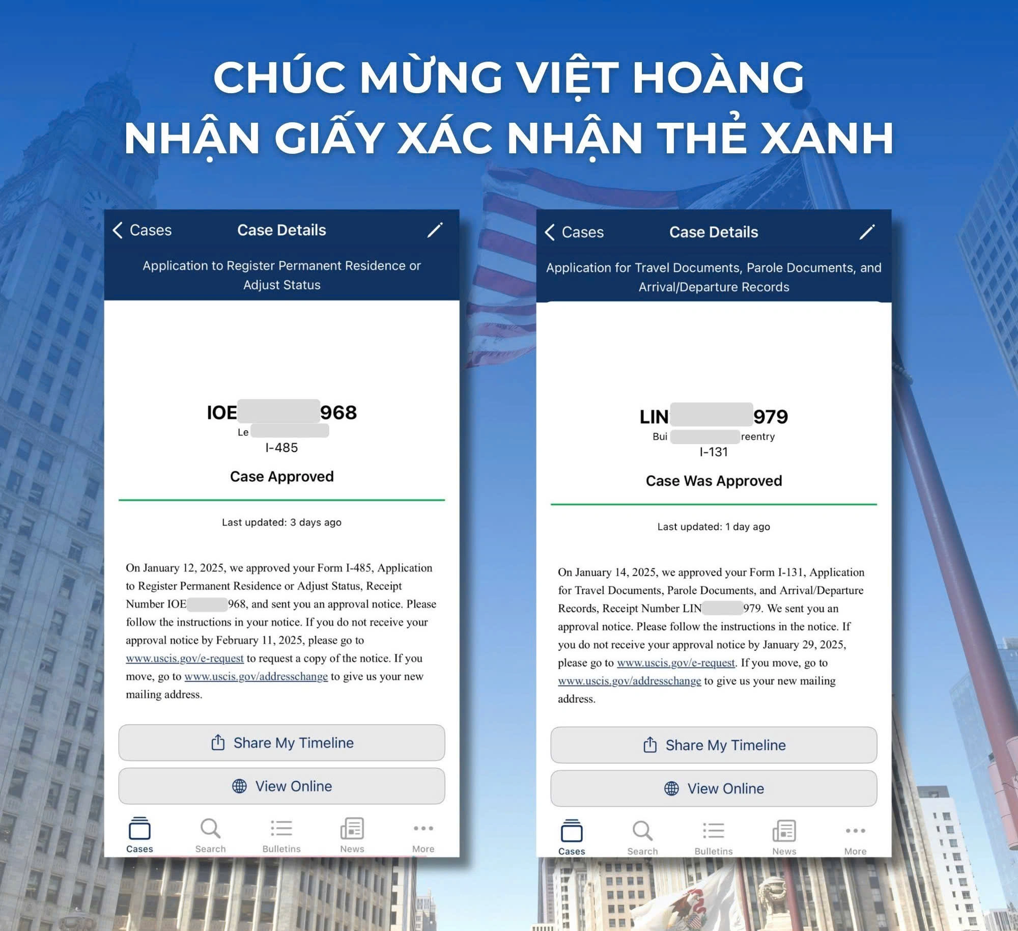 CHÚC MỪNG VIỆT HOÀNG  NHẬN GIẤY XÁC NHẬN THẺ XANH MỸ