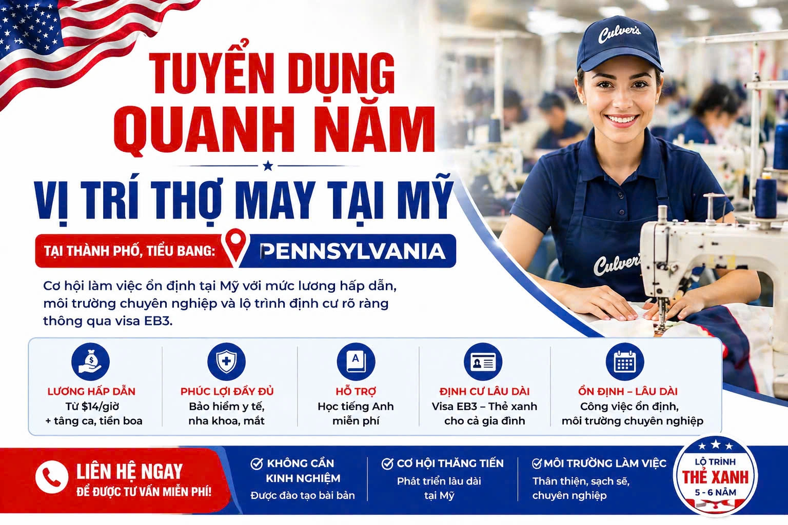 TUYỂN DỤNG QUANH NĂM  VỊ TRÍ THỢ MAY TẠI MỸ – BANG PENNSYLVANIA
