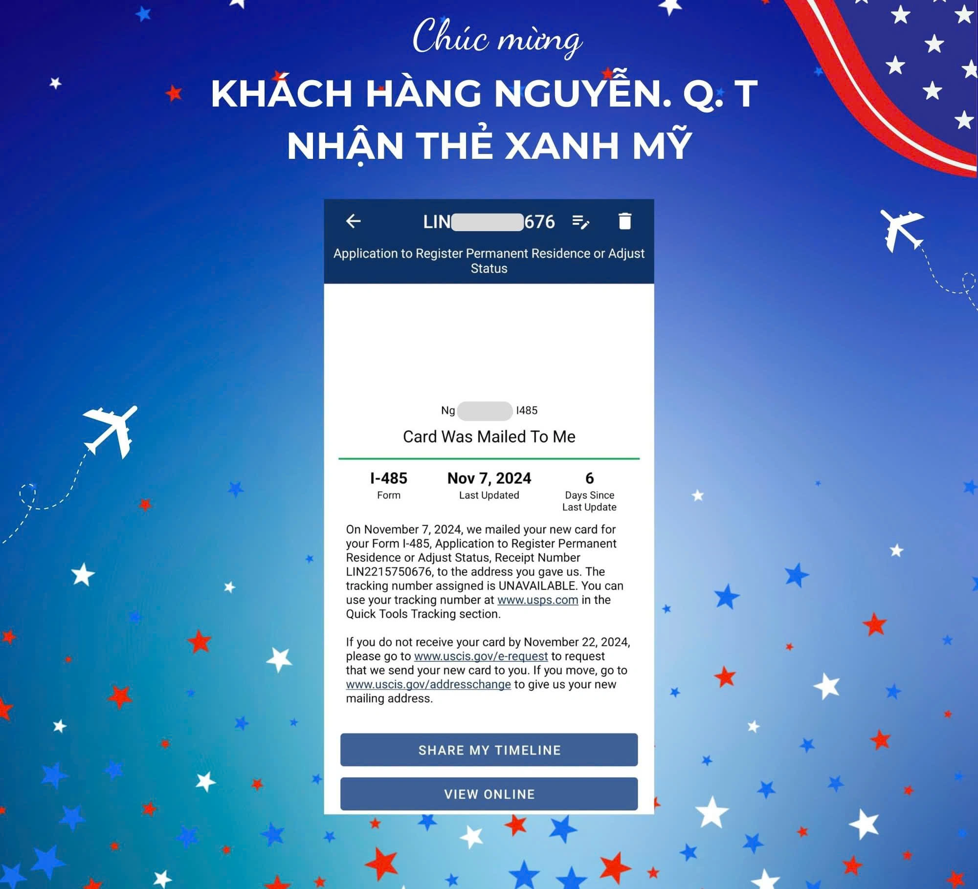 CHÚC MỪNG ANH NGUYỄN QUỐC TUẤN  ĐÃ CHUYỂN DIỆN THÀNH CÔNG – NHẬN THẺ XANH MỸ THEO CHƯƠNG TRÌNH EB3