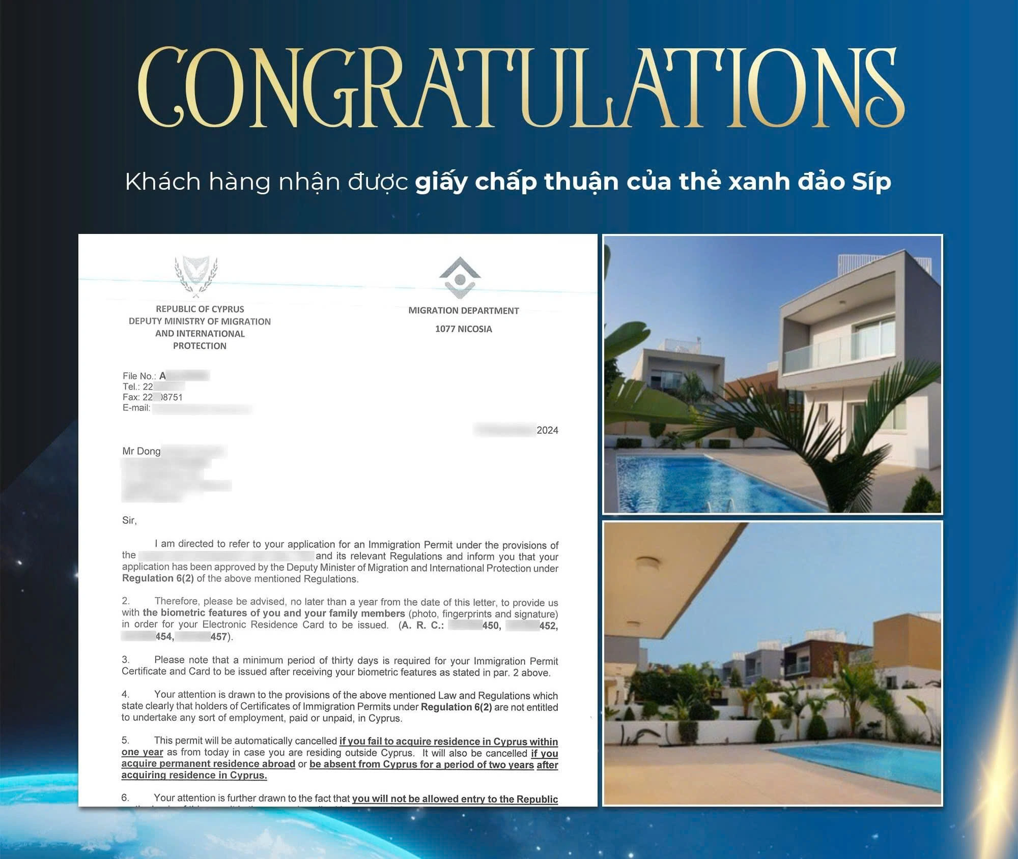 CHÚC MỪNG KHÁCH HÀNG NHẬN CHẤP THUẬN PR ĐẢO SÍP (CYPRUS)