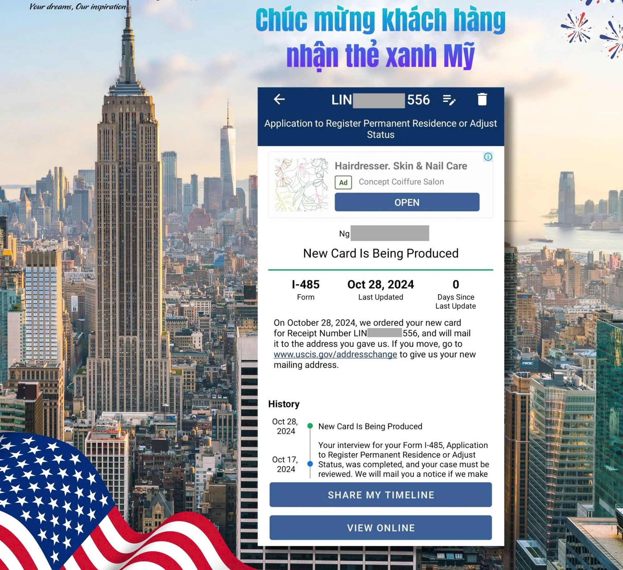 CHÚC MỪNG KHÁCH HÀNG NHẬN THẺ XANH MỸ  CHUYỂN DIỆN THÀNH CÔNG TỪ VISA DU LỊCH SANG EB-3