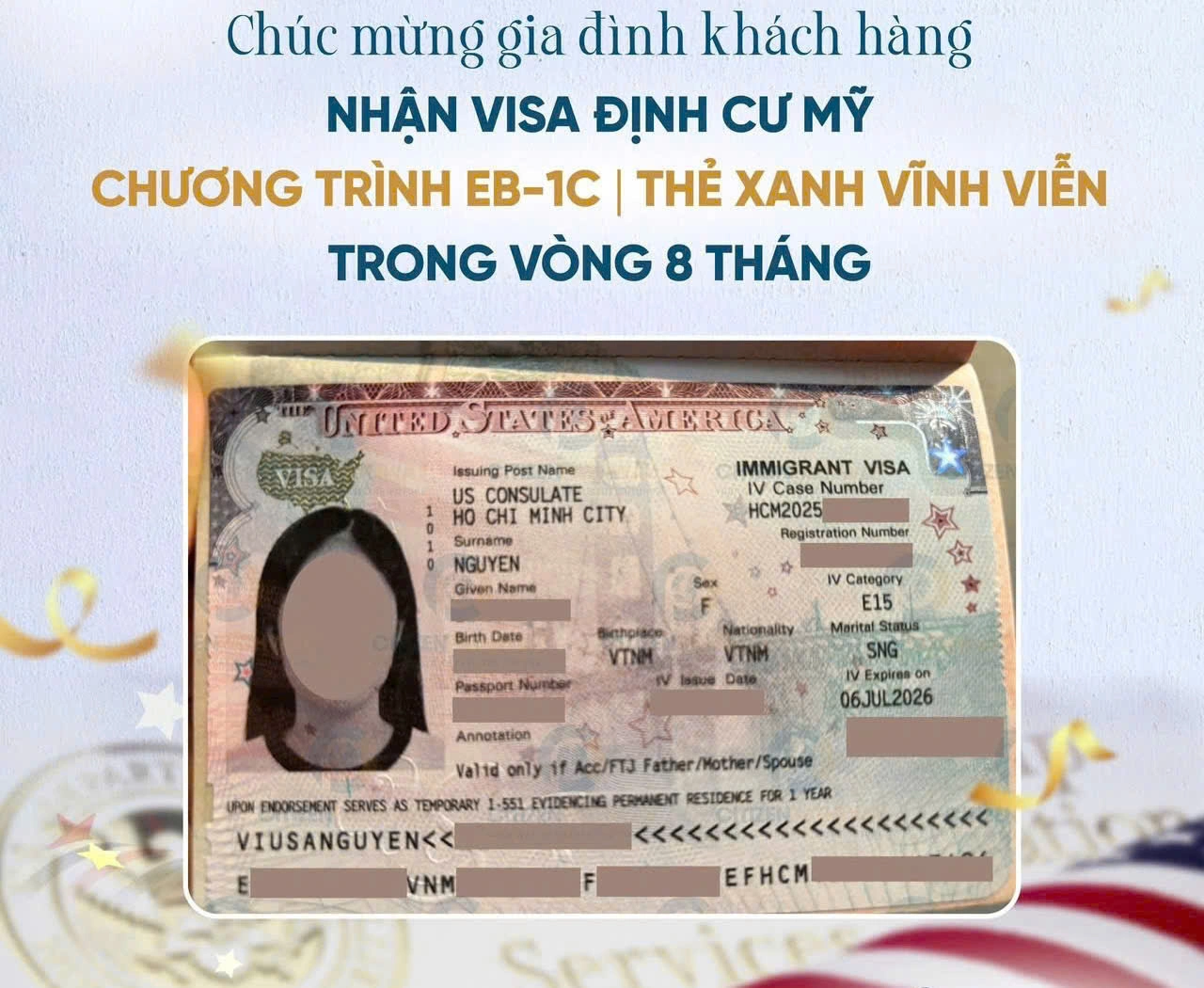 CHÚC MỪNG GIA ĐÌNH KHÁCH HÀNG NHẬN VISA ĐỊNH CƯ MỸ THEO DIỆN EB-1C