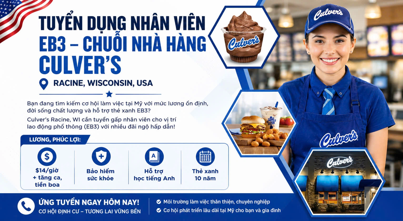 TUYỂN DỤNG EB-3  LÀM VIỆC TẠI CHUỖI NHÀ HÀNG CULVER’S – RACINE, WISCONSIN