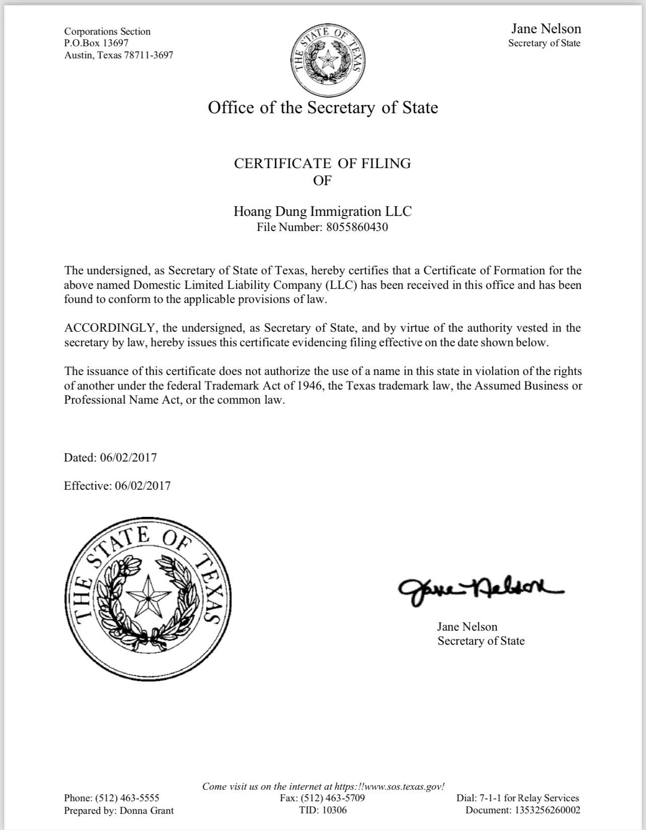 GIẤY PHÉP HOẠT ĐỘNG HỢP PHÁP TẠI MỸ  HOANG DUNG IMMIGRATION LLC – ĐĂNG KÝ TẠI BANG TEXAS